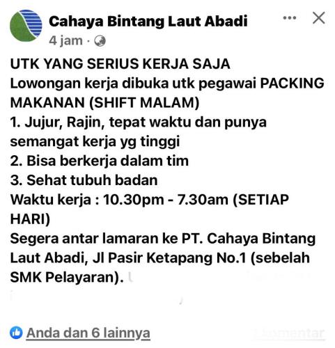 info Loker PACKING MAKANAN-shift malam-PT CBLA-Pangkalpinang