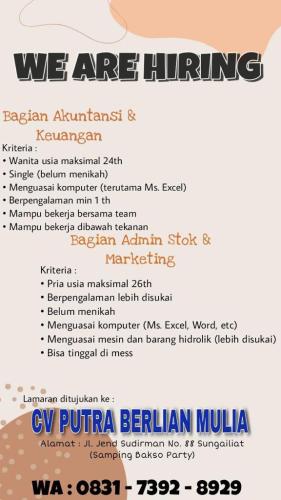 info Loker AKUNTANSI-KEUANGAN & Admin Stok-Marketing-CV Putra Berlian Mulia-Sungailiat