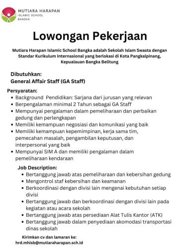 info Loker GENERAL AFFAIR STAFF/GA Staff-Mutiara Harapan Islamic Scool Bangka