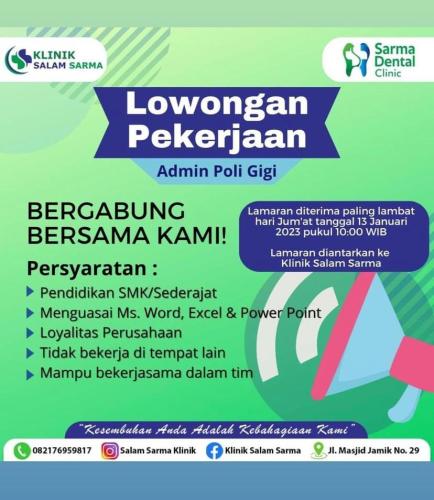 info Loker ADMIN POLI GIGI-Klinik Salam Sarma-Pangkalpinang