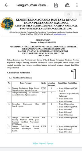 info Loker 9 personil Tenaga Individual Kontrak-Kanwil BPN Babel