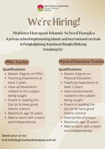 info Loker Guru PPKN dan PHSYSICAL-Mutiara Harapan Islamis School-Bangka Belitung