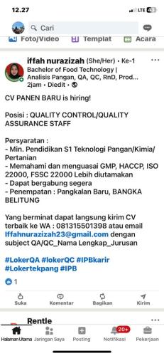 info Loker QUALITY CONTROL/QUALITY ASSURANCE STAFF-CV Panen Baru-PangkalanBaru-Bangka Belitung