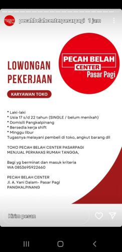 info Loker posisi Karyawan Toko-pecahBelah Center Pasar pagi-Pangkalpinang