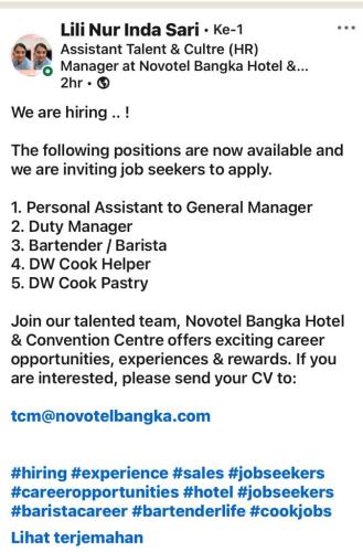 info Loker Personal Ass to GM,Duty Manager,Bartender/Barista,DW Cook Helper,DW Cook Pastry-Novotel Pangkalpinang