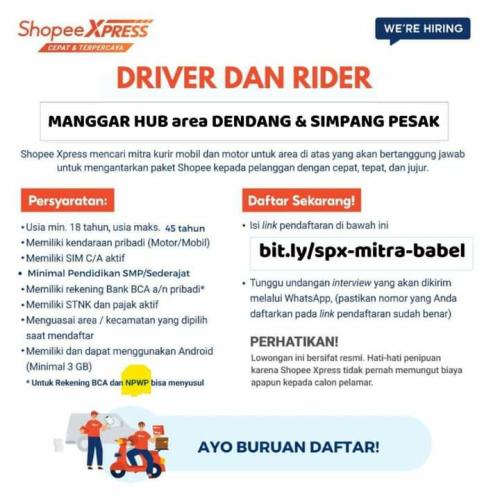 info Loker Driver & Rider-Shopee Express-Bangka Belitung