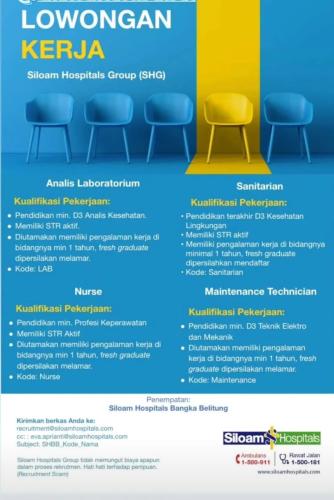 info Loker Análisis Laboratorium,Nurse,Sanitarian,Maintenance Technician & Asisten Apoteker-Siloam Hospital Group-Bangka Belitung