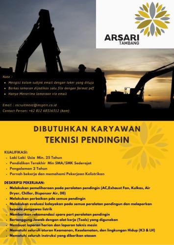 info Loker Geologist,Tax Supervisor,Teknisi Pendingin & ART -ARSARI Tambang-Bangka
