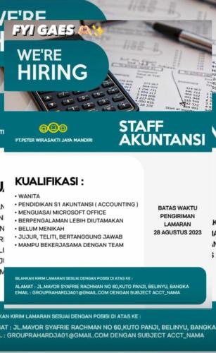 info Loker Staf Akuntansi-PT Peter Wirasakti Mandiri-Belinyu