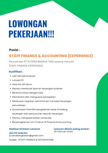 info Loker STAFF FINANCE & ACCOUNTING-PT Putera Bangka Tani