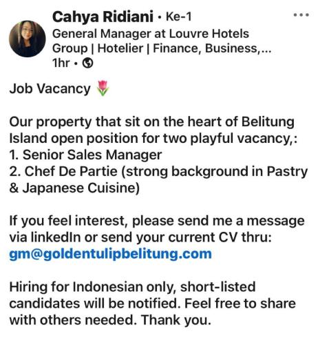 info Loker Senior Sales Manager,Chef De Partie-Louvre Hotels Group-Belitung