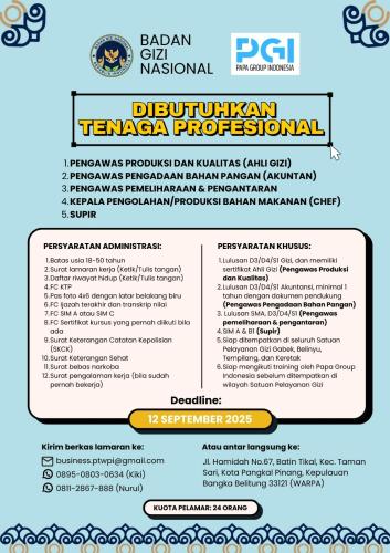 info Loker Pengawas Produksi/Kualitas,Pengawas pengadaan Bahan Pangan,Pengawas Pemeliharaan/Pengantaran,Kepala Pengolahan/Produksi Bahan Makanan,Supir-BADAN GIZI NASIONAL-PAPA GROUP INDONESIA
