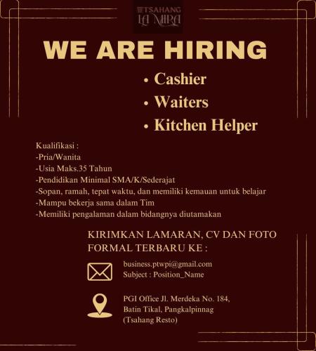 info LOker  Cashier, Waiters & Kitchen Helper-T SAHANG Pangkalpinang