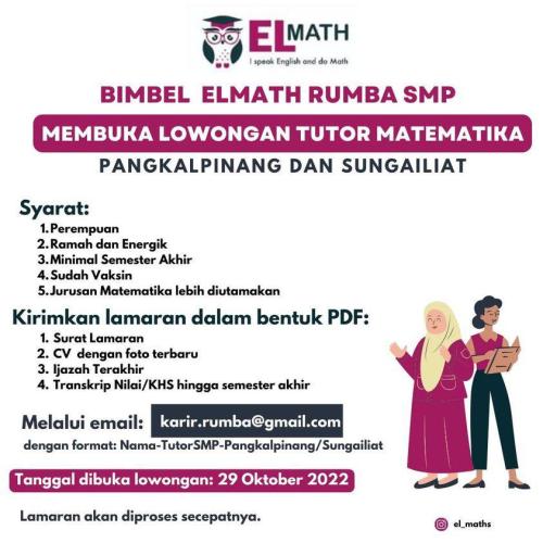 info LowonganTutor Matematika-Bimbel El Math Rumba SMP